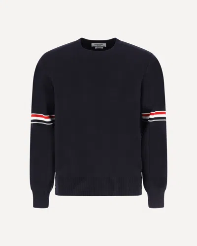 Thom Browne Navy Blue Cotton Sweater With Tricolor Details In Animal Print