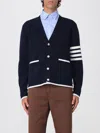 Thom Browne Blue Cardigan With V Neck And Maxi Logo On The Sleeve In Blue