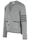 Thom Browne Grey Cardigan With V Neck And Striped Detail On The Sleeve In Wool Man In Gray