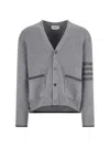 Thom Browne Grey Cardigan With V Neck And Striped Detail On The Sleeve In Wool Man