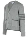 Thom Browne Grey Cardigan With V Neck And Striped Detail On The Sleeve In Wool Man In Gray