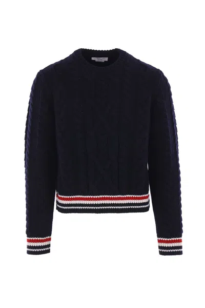Thom Browne Cable Knit Crew Sweater With Ribbed Cuffs In Black