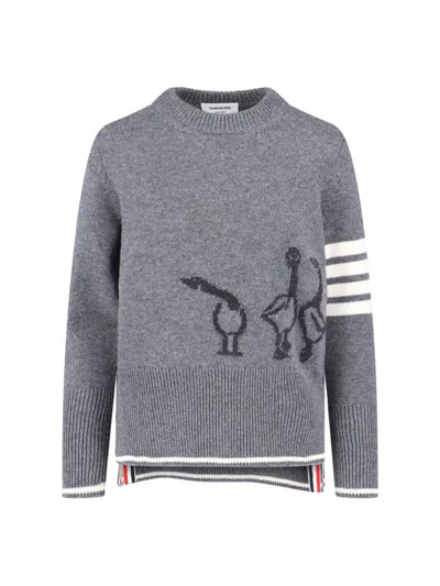 Thom Browne Geese Intarsia Boxy Virgin Wool Crewneck Sweater In Gray