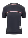 Thom Browne Ribbed Knit Short-sleeved Top With Tricolor Accent In Blue