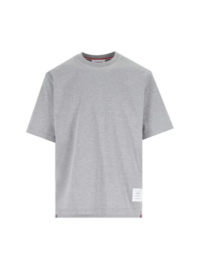 THOM BROWNE GREY CREWNECK T-SHIRT WITH LOGO PATCH ON THE FRONT AND STRIPED DETAIL ON THE REAR IN COTTON MAN