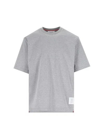 THOM BROWNE GREY CREWNECK T-SHIRT WITH LOGO PATCH ON THE FRONT AND STRIPED DETAIL ON THE REAR IN COTTON MAN