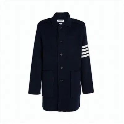 Thom Browne Tailored Blue Coat With Classic Collar And Striped Accent In White