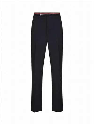 THOM BROWNE TAILORED BLUE WOOL STRAIGHT PANTS WITH ICONIC STRIPED TRIM