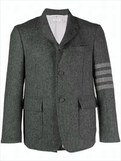 Thom Browne Tailored Grey Suit Jacket With Notch Lapel And Signature Stripes In Gray