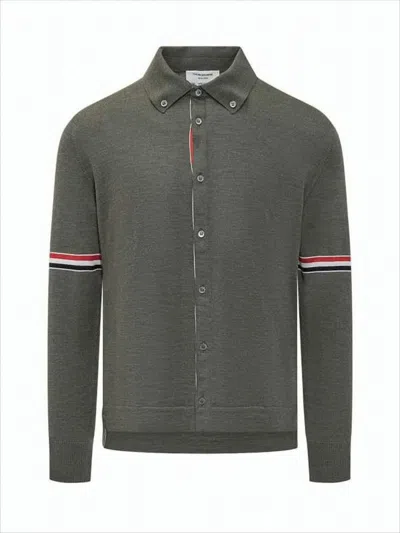 Thom Browne Tailored Wool Cardigan With Striped Accents In Green