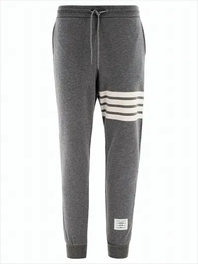 Thom Browne Tapered Grey Cotton Jogger Pants With Ribbed Cuffs And Signature Accents In White
