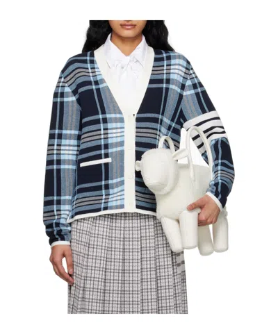 Thom Browne Tartan Long-sleeved Cardigan In Gray