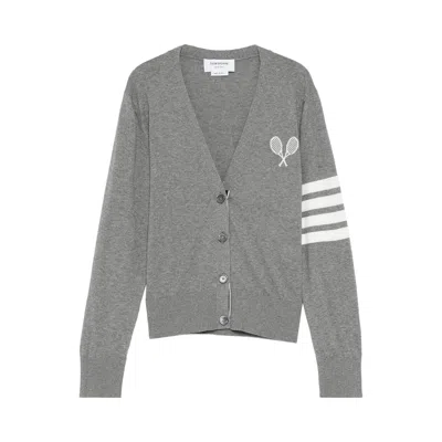Pre-owned Thom Browne Tennis Racquets Intarsia Neck Cardigan 'light Grey' | Women's Size 40