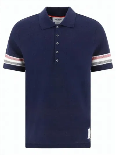 Thom Browne Textured Blue Knit Polo Shirt With Contrast Stripes