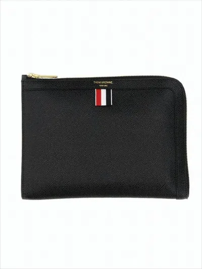 Thom Browne Textured Calf Leather Clutch With Zip-around Closure In White