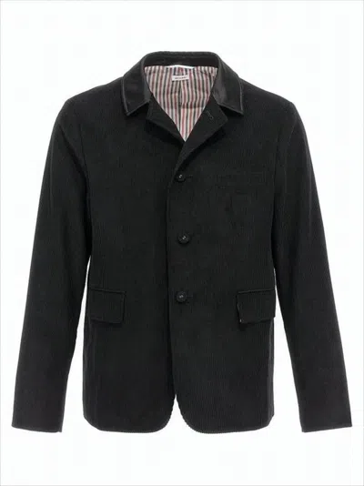 Thom Browne Textured Corduroy Suit Jacket With Leather Detail In Black