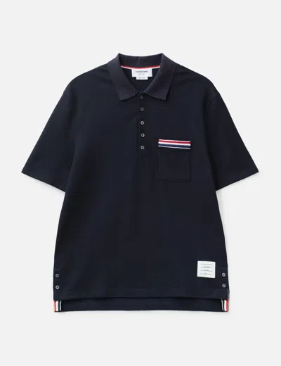 Thom Browne Textured Cotton Linen Rwb Embroidery Polo In Blue