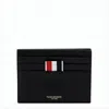 Thom Browne Textured Cowhide Leather Card Wallet With Iconic Striped Tab In Black