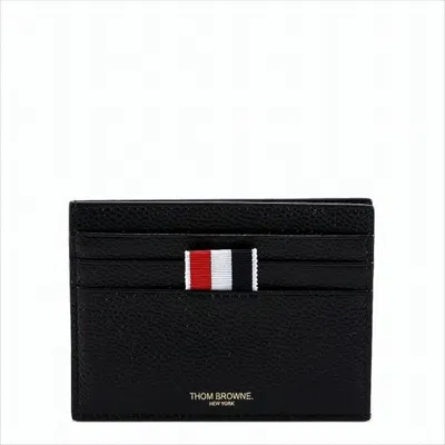 THOM BROWNE TEXTURED COWHIDE LEATHER CARD WALLET WITH ICONIC STRIPED TAB