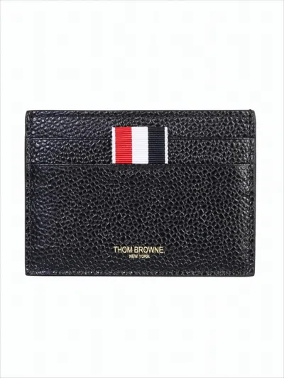 Thom Browne Textured Cowhide Leather Card Wallet With Striped Accent In White