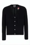 Thom Browne Textured Knit Cardigan With Deep V-neckline And Decorative Buttons In Black
