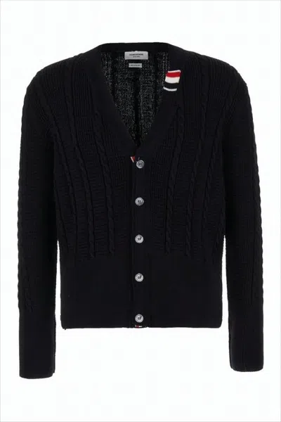 THOM BROWNE TEXTURED KNIT CARDIGAN WITH DEEP V-NECKLINE AND DECORATIVE BUTTONS