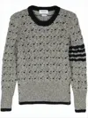 Thom Browne Textured Knit Sweater With Distinctive Stripe Detail In Gray