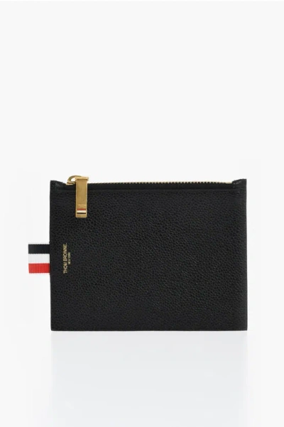 Thom Browne Textured Leather Card Holder With Zip Closure In Black