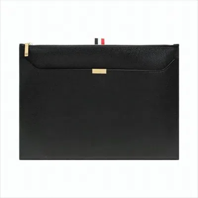 Thom Browne Textured Leather Clutch With Gold-zipper Closure And Tricolor Accents In White