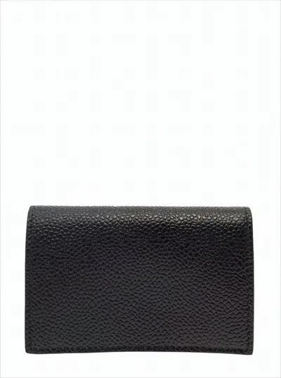 Thom Browne Textured Leather Wallet With Snap Button Closure And Tricolor Detail In Black
