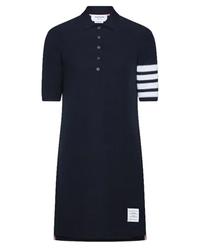 Thom Browne Textured Pique 4-bar Polo Dress In Blue