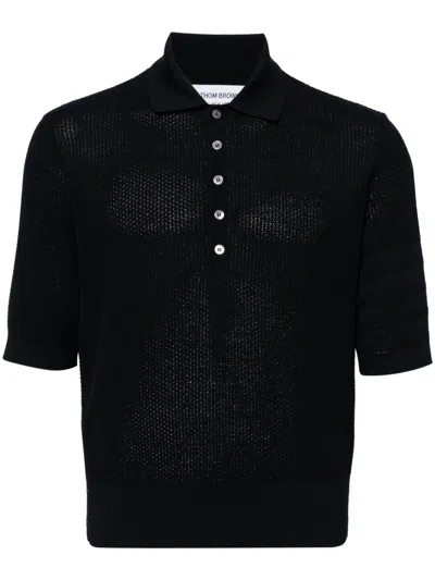 Thom Browne Textured Stitch Knit Polo In Blue