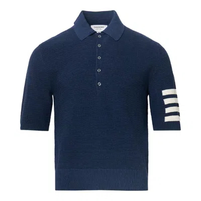 Thom Browne Textured Stitch Relaxed Fit Polo In Blue