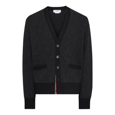 Thom Browne Textured Stitch V Neck Cardigan In Black