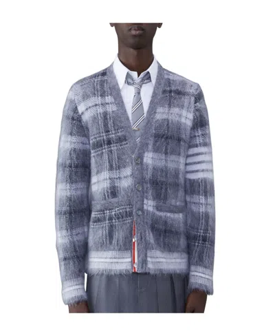 Thom Browne Textured Tartan Pattern Cardigan In Blue