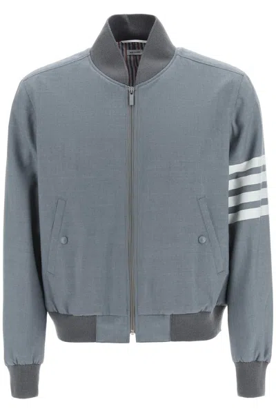 Thom Browne Textured Wool Bomber Jacket With Distinctive Stripes In Gray