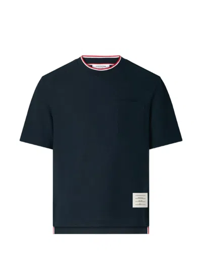 Thom Browne Textured-cotton Chest-pocket T-shirt In Blue
