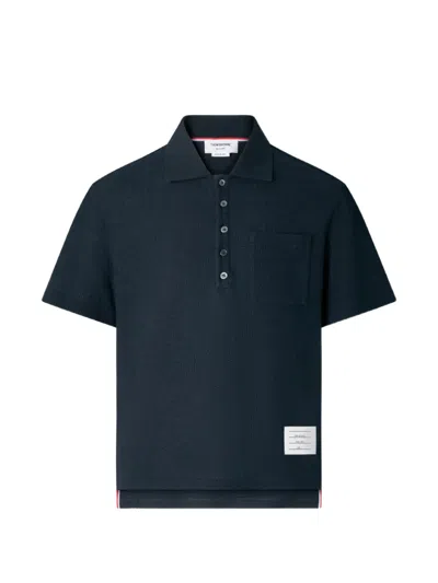 Thom Browne Textured-knit Chest-pocket Polo Shirt In Black