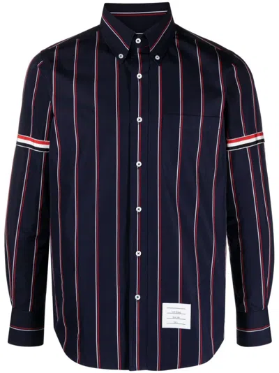 Thom Browne Cotton Striped Shirt. Straight Cut. Red And White Stripes. Button Closure In Navy