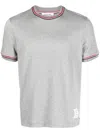 Thom Browne Cotton Crew Neck T-shirt With Striped Trim In Grey