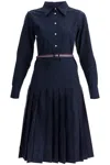Thom Browne Elegant Midi Shirt Dress With Pleated Skirt And Tri-color Belt In Blue