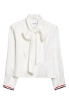 Thom Browne Silk Shirt With Bow Detail And Striped Cuffs In White