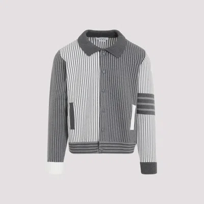 Thom Browne Tonal Grey Polo Collar Cotton Bomber Jacket