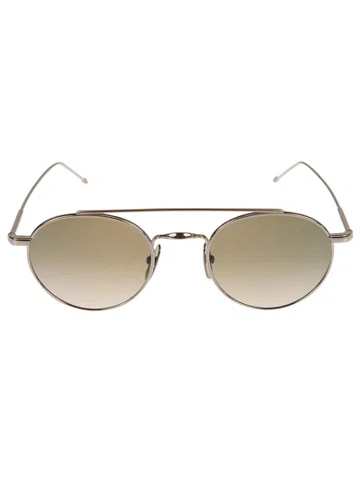 Thom Browne Top Bar Detail Round Frame Sunglasses In Shiny Silver W