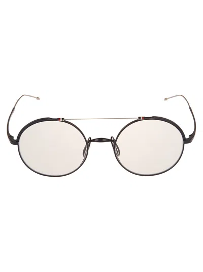 Thom Browne Top Bar Round Glasses In Matte Navy Silver