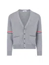 Thom Browne Tricolor Grosgrain Band Cardigan With V-neck In Gray
