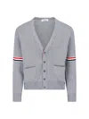 Thom Browne Tricolor Grosgrain Band Cardigan With V-neck In Gray