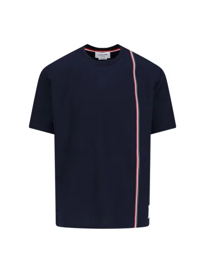 Thom Browne Navy Blue Cotton T-shirt With Tricolor Detail And Classic Fit