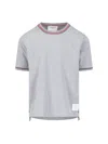 Thom Browne Cotton Crew Neck T-shirt With Striped Trim In Light Grey