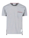 Thom Browne Short-sleeve Crew Neck T-shirt With Chest Pocket And Striped Trim Detail In Grey